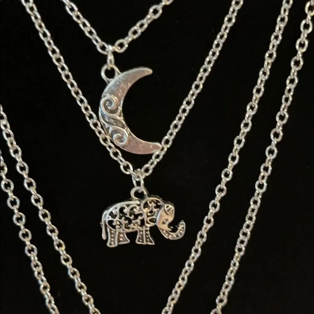 Boho Quad Mystic Moon Elephant Chain Necklace - Picture 3 of 4